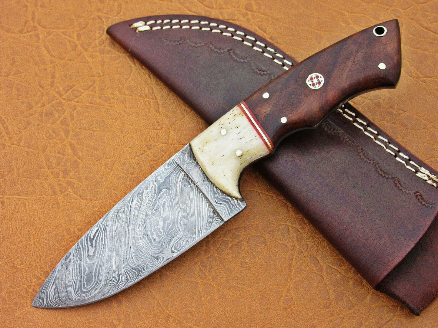 HS-776 Custom Handmade Damascus Skinner Knife With Camel Bone & Wood Handle