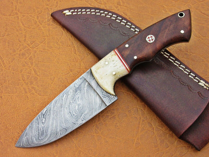 HS-776 Custom Handmade Damascus Skinner Knife With Camel Bone & Wood Handle