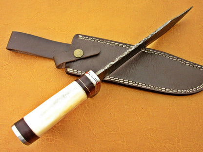 HS-337 | Custom Handmade Damascus Bowie-Hunting Knife With Camel Bone Handle