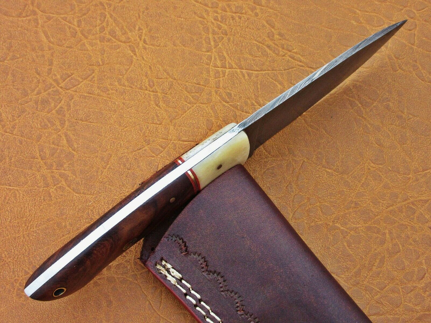 HS-776 Custom Handmade Damascus Skinner Knife With Camel Bone & Wood Handle