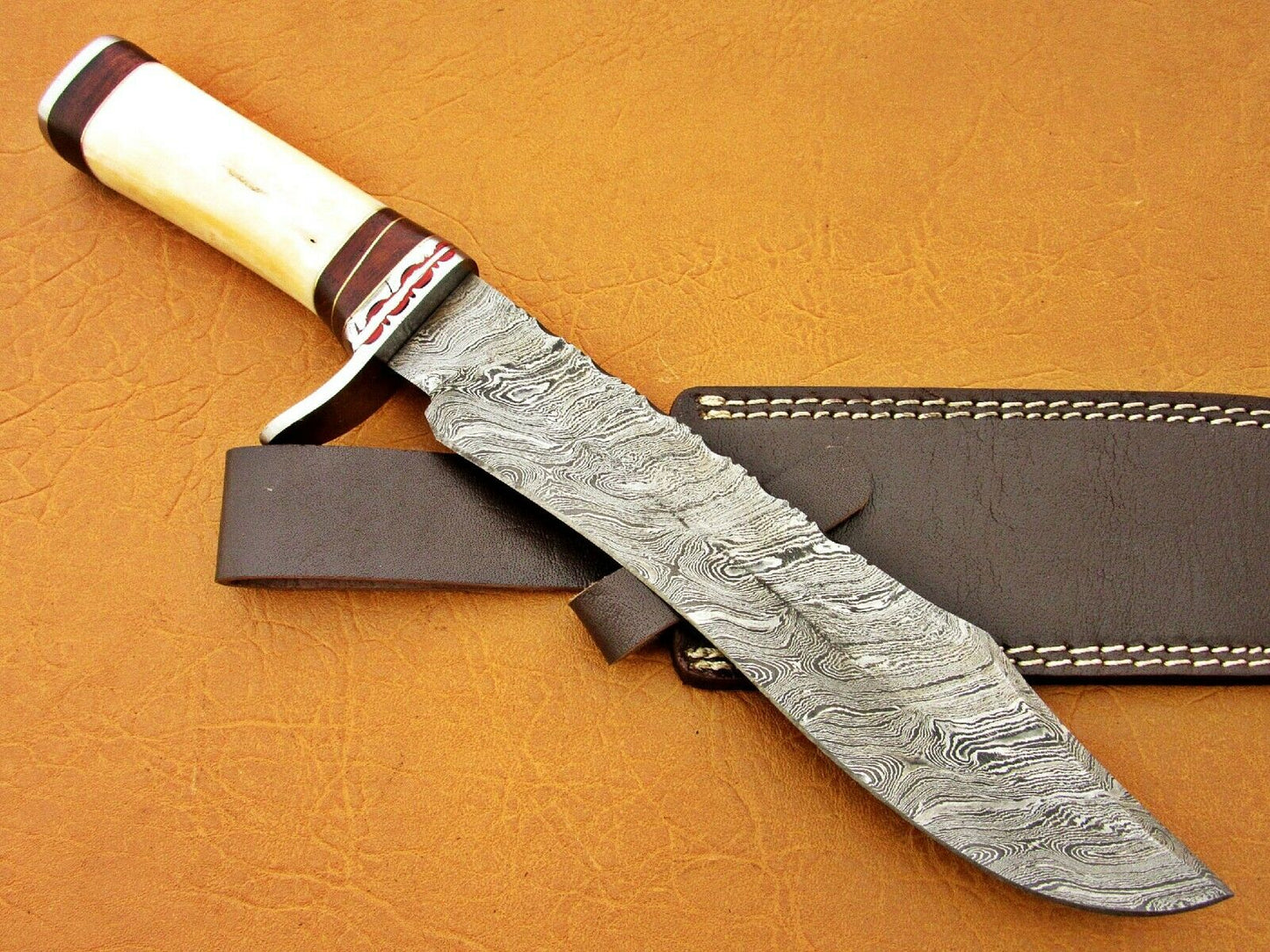 HS-337 | Custom Handmade Damascus Bowie-Hunting Knife With Camel Bone Handle