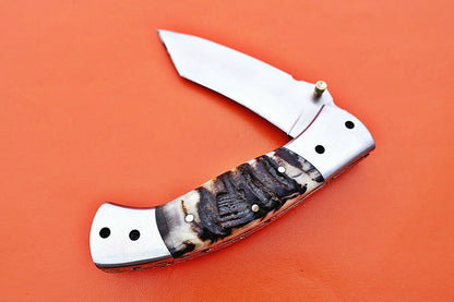 Custom Handmade Stainless Steel Bolsters Folding-Pocket Knife With Ram Horn Handle
