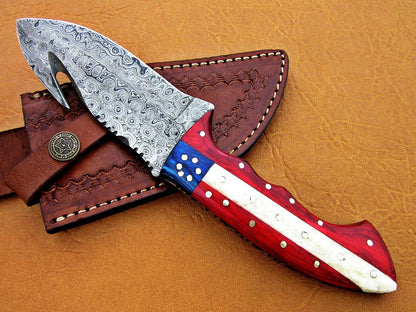 HS-774 Custom Handmade Damascus Skinner Knife With Camel Bone & Hard Wood Handle