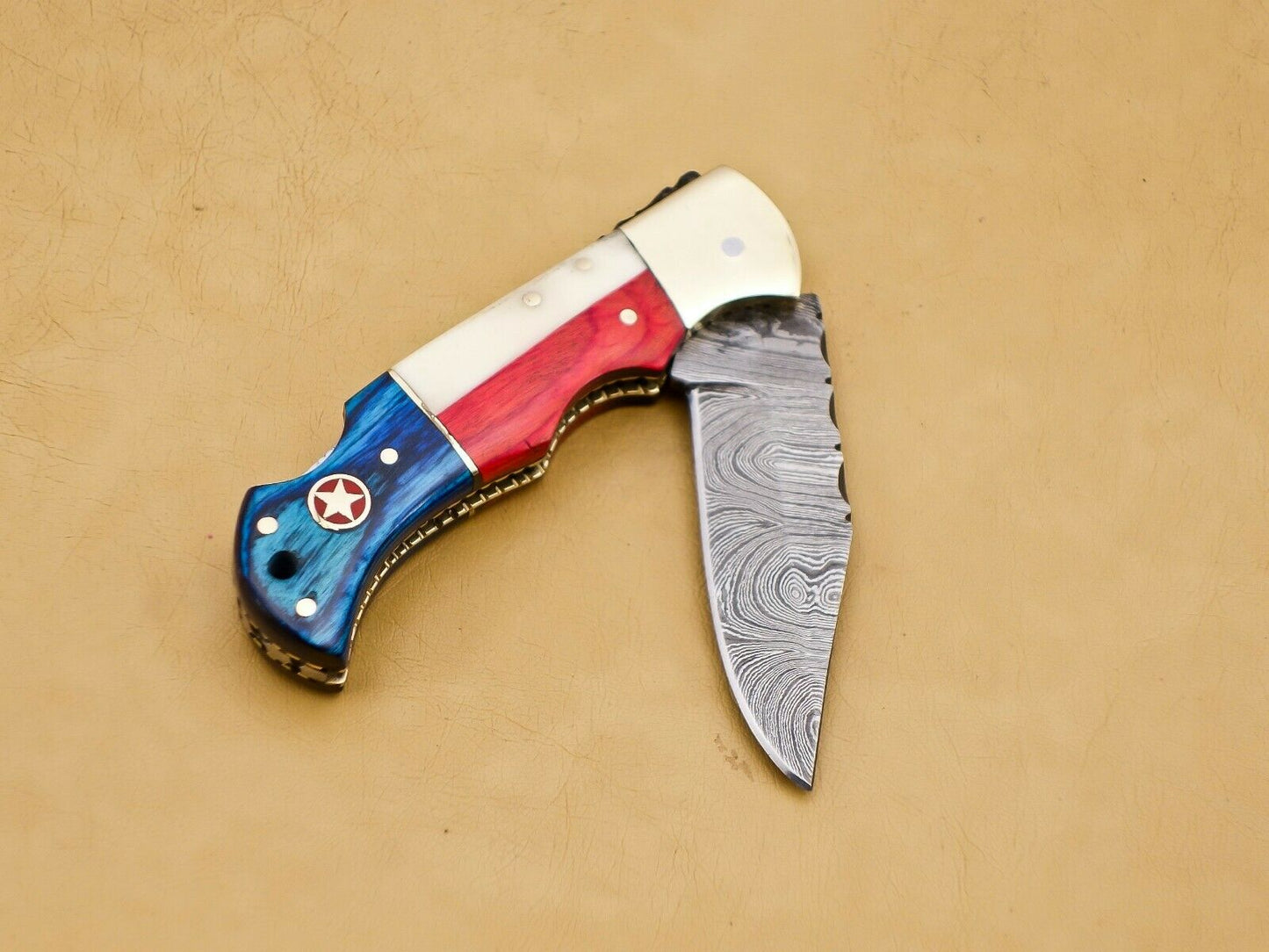 Custom Handmade Damascus Folding-Pocket Knife With Camel Bone And Hard Wood Handle