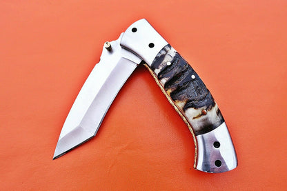 Custom Handmade Stainless Steel Bolsters Folding-Pocket Knife With Ram Horn Handle