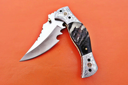 Custom Handmade Stainless Steel Folding-Pocket Knife With Ram Horn Handle