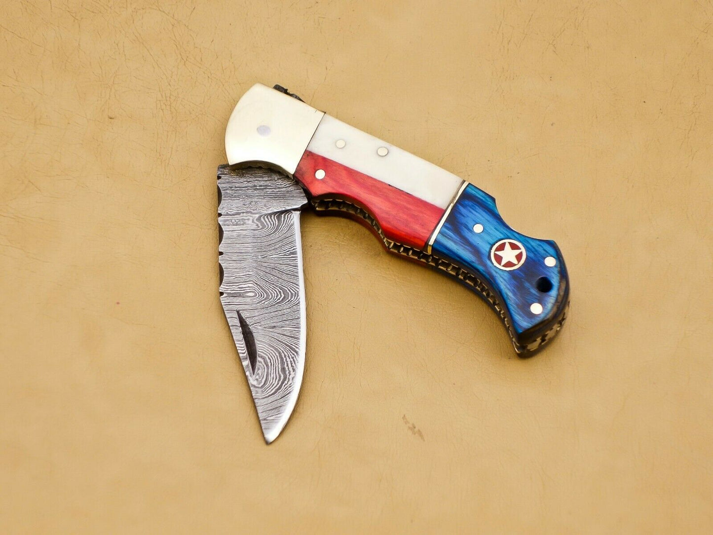 Custom Handmade Damascus Folding-Pocket Knife With Camel Bone And Hard Wood Handle