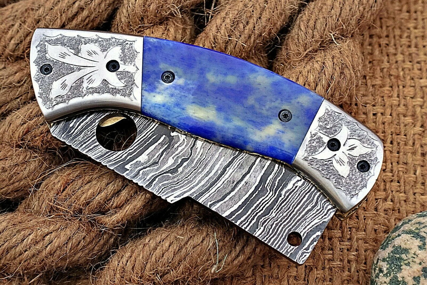 Custom Handmade Damascus Folding-Pocket Knife With Camel Bone Handle