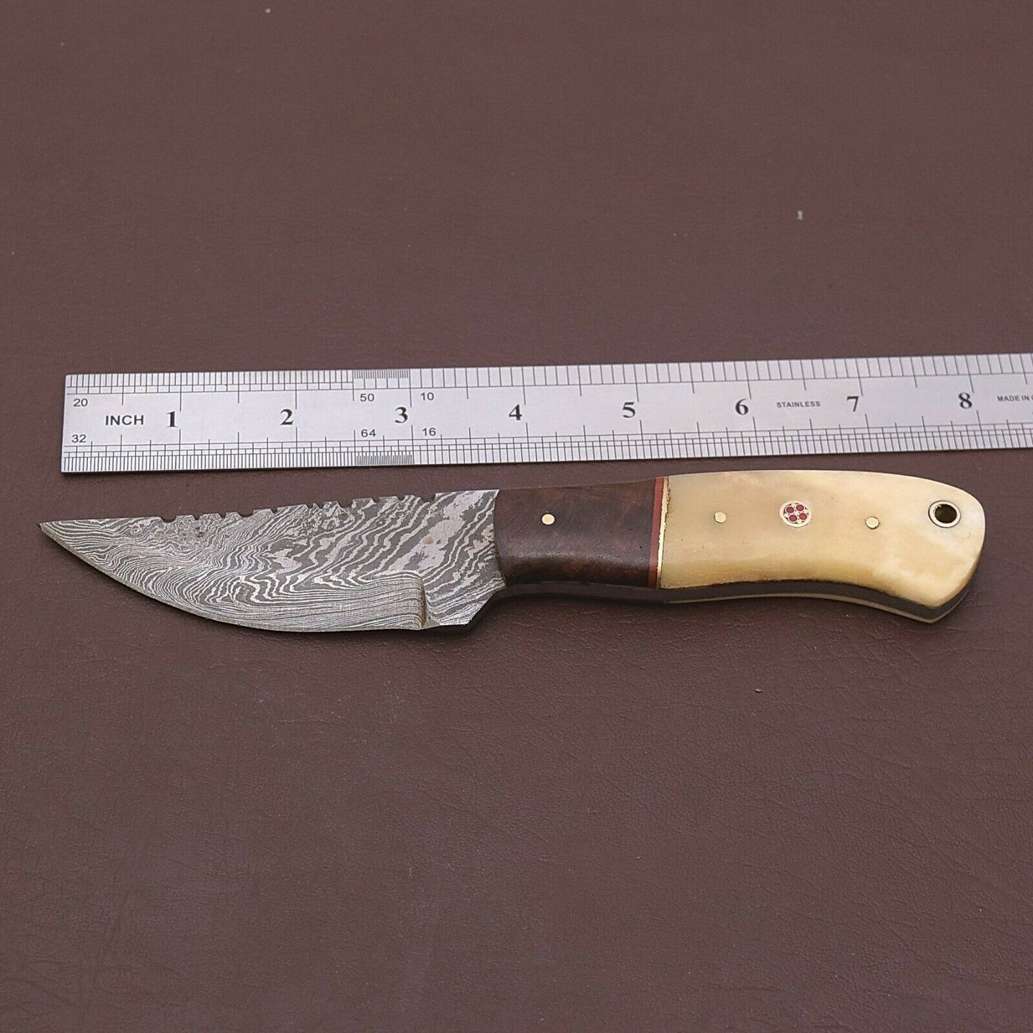 HS-780 Custom Handmade Damascus Skinner Knife With Bone + Wood Handle