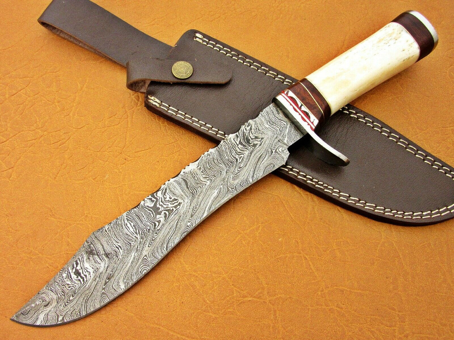 HS-337 | Custom Handmade Damascus Bowie-Hunting Knife With Camel Bone Handle
