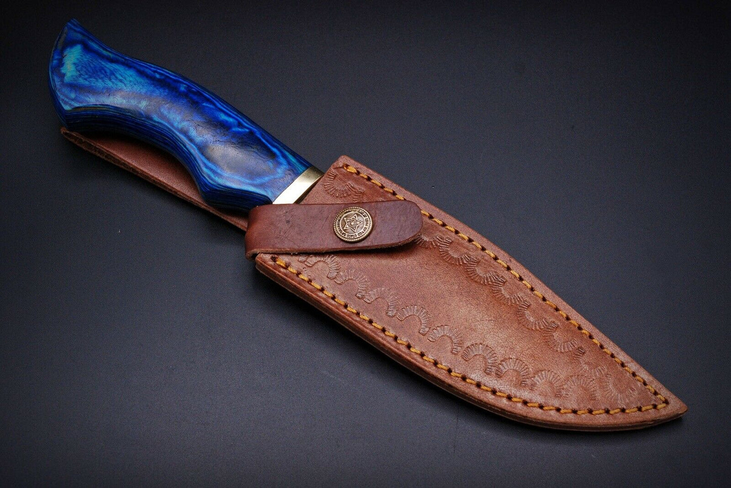 HS-445 | Ten Inch Custom Handmade Damascus Steel Hunting knife - Blue Wood Handle