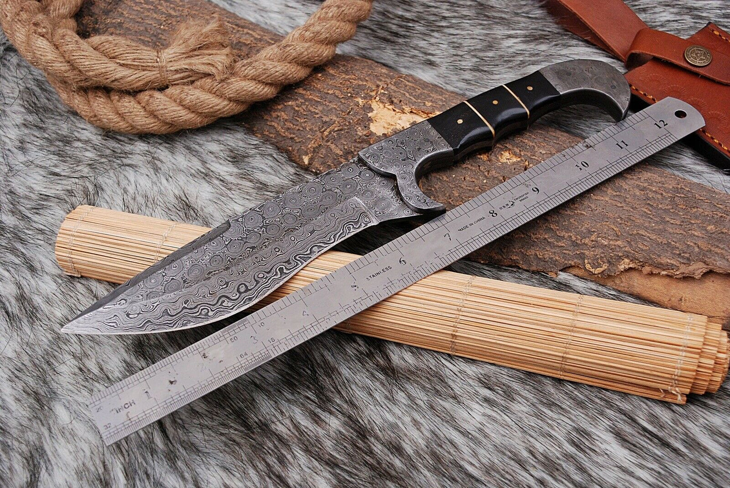 HS-878 Custom Handmade Damascus Steel Kukri Fix knife - Buffalo Horn Handle