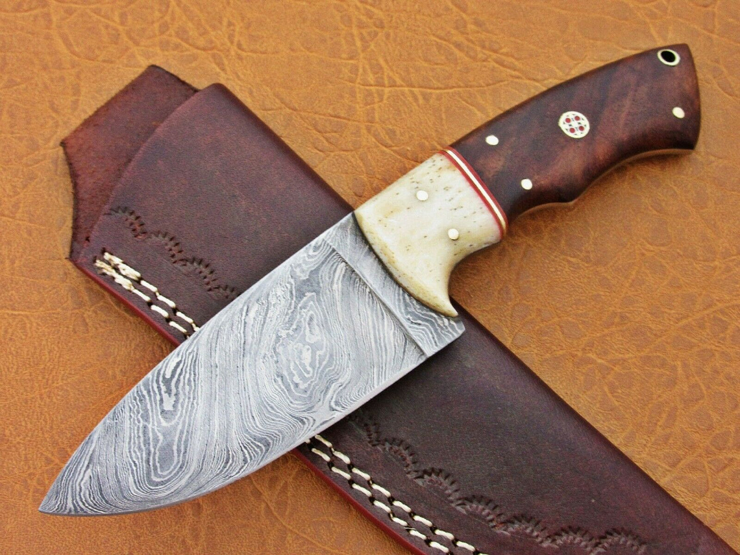 HS-776 Custom Handmade Damascus Skinner Knife With Camel Bone & Wood Handle