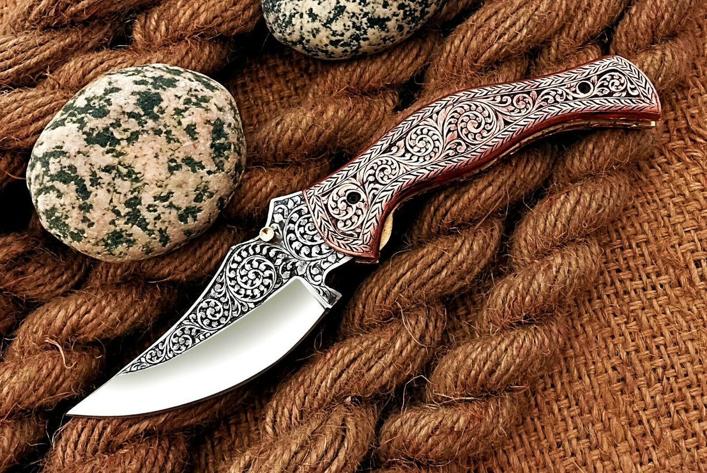 Custom Hand Engraved Folding-Pocket Knife Life Time Used With Copper Engraved Handle
