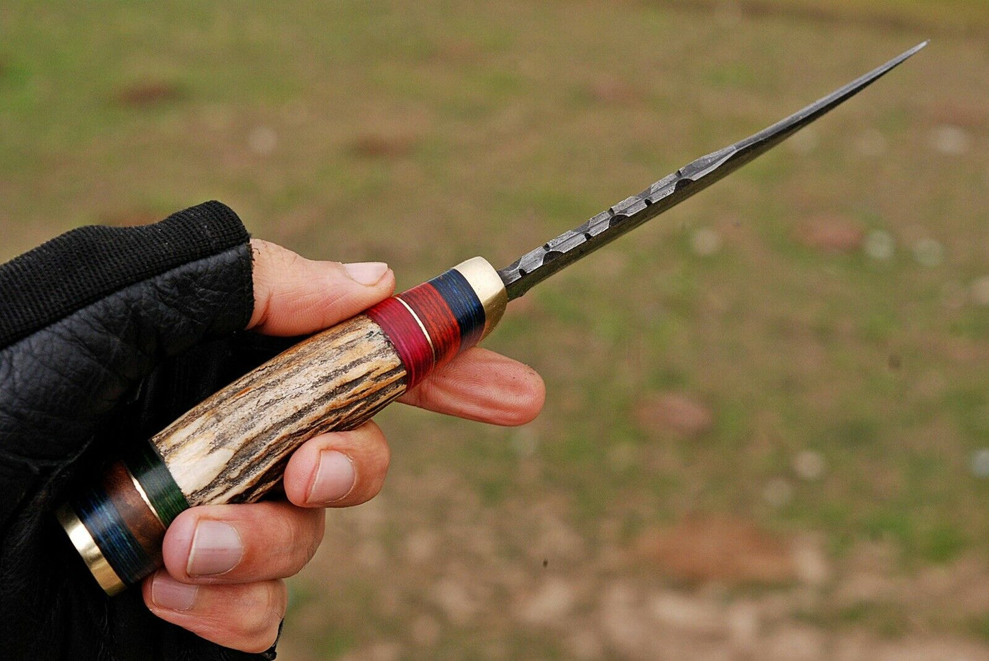 HS-448 | Custom Handmade Damascus Steel Hunting Knife - Stag + Hard Wood Handle