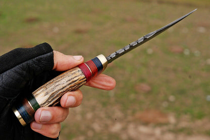 HS-448 | Custom Handmade Damascus Steel Hunting Knife - Stag + Hard Wood Handle