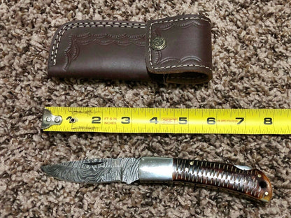 Custom Handmade Damascus Steel Back-Lock Pocket | Folding Knife | Leather Sheath- Buffalo Horn Handle