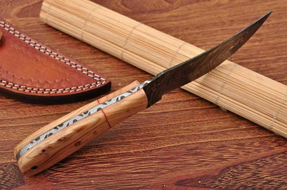 HS-764 Custom Handmade Damascus Steel Tracker Knife With Olive Wood Handle