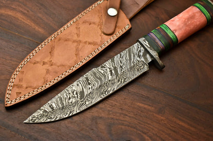HS-330 | Custom Handmade Damascus Steel Hunitng/Bowie Knife - Colour Camel Bone Handle
