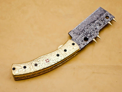 Custom Handmade Damascus Folding-Pocket Knife With Brass Engraved Handle