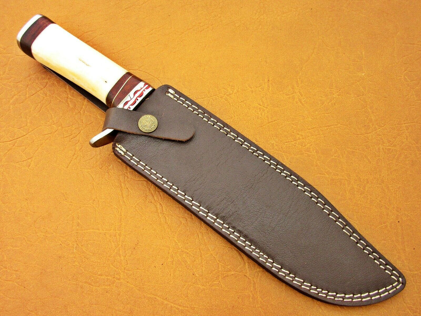 HS-337 | Custom Handmade Damascus Bowie-Hunting Knife With Camel Bone Handle