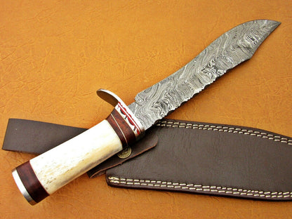HS-337 | Custom Handmade Damascus Bowie-Hunting Knife With Camel Bone Handle