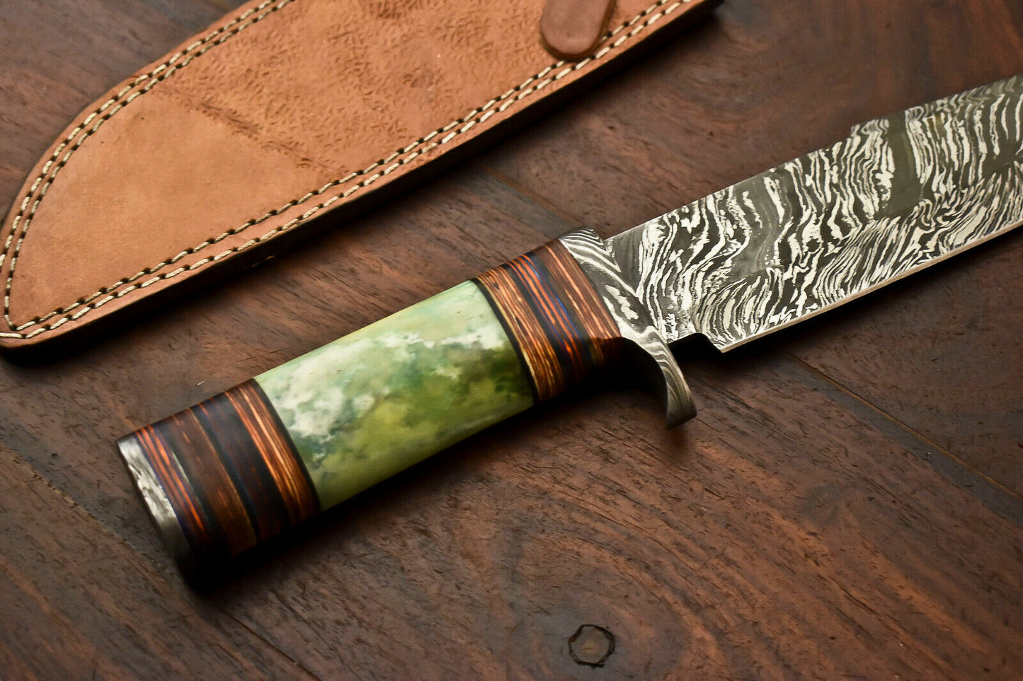 HS-416 | Custom Handmade Damascus Steel Hunting Knife - Beautiful Camel Bone Handle