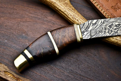 HS-328 | Custom Handmade Damascus Steel Hunitng/Bowie Knife - Wood + Brass Handle