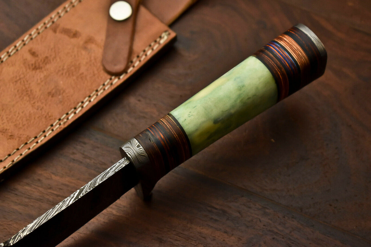 HS-416 | Custom Handmade Damascus Steel Hunting Knife - Beautiful Camel Bone Handle
