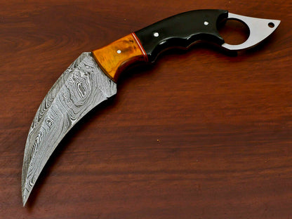 HS-884 HANDMADE DAMASCUS CUSTOM PAKKA WOOD KARAMBIT HUNTING KNIFE