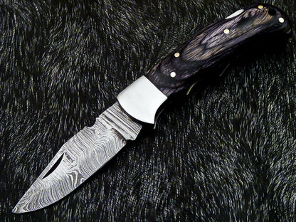 HS-1119  CUSTOM HANDMADE DAMASCUS BLADE POCKET FOLDING KNIFE - HARD WOOD HANDLE