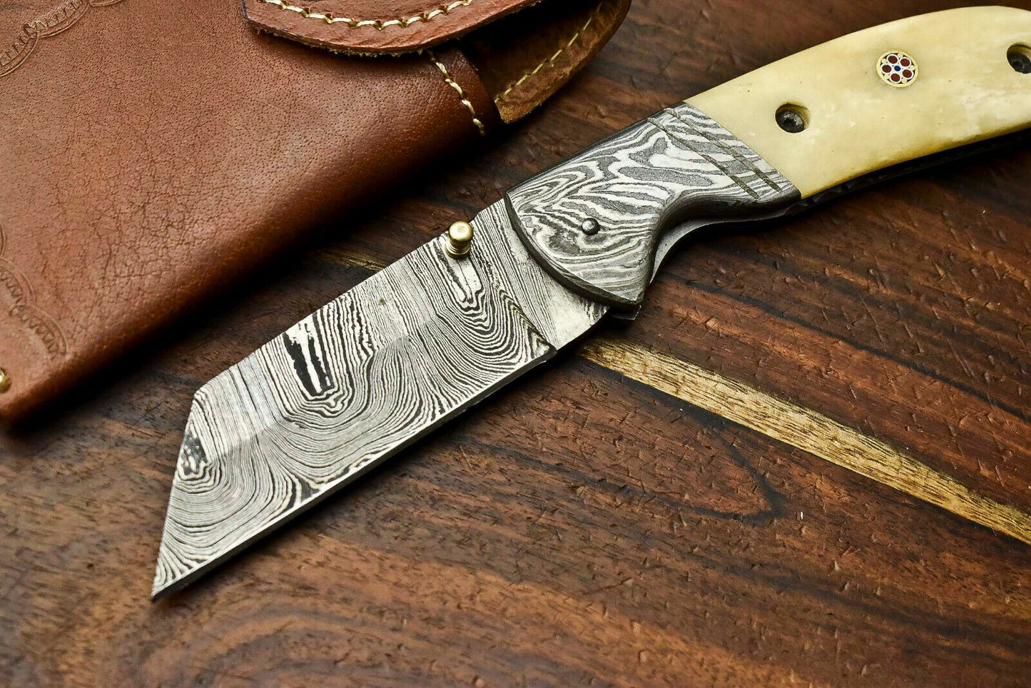 HS-1133 Custom Handmade Damascus Steel Blade Liner-Lock Pocket Folding Knife| CAMEL BONE