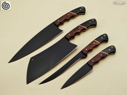 HS-140  Custom Handmade D2-Tool Steel 4 Pc's Chef Set Powder Coated with Leather Sheath