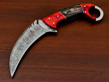 HS-885 HANDMADE DAMASCUS CUSTOM PAKKA WOOD KARAMBIT HUNTING KNIFE -