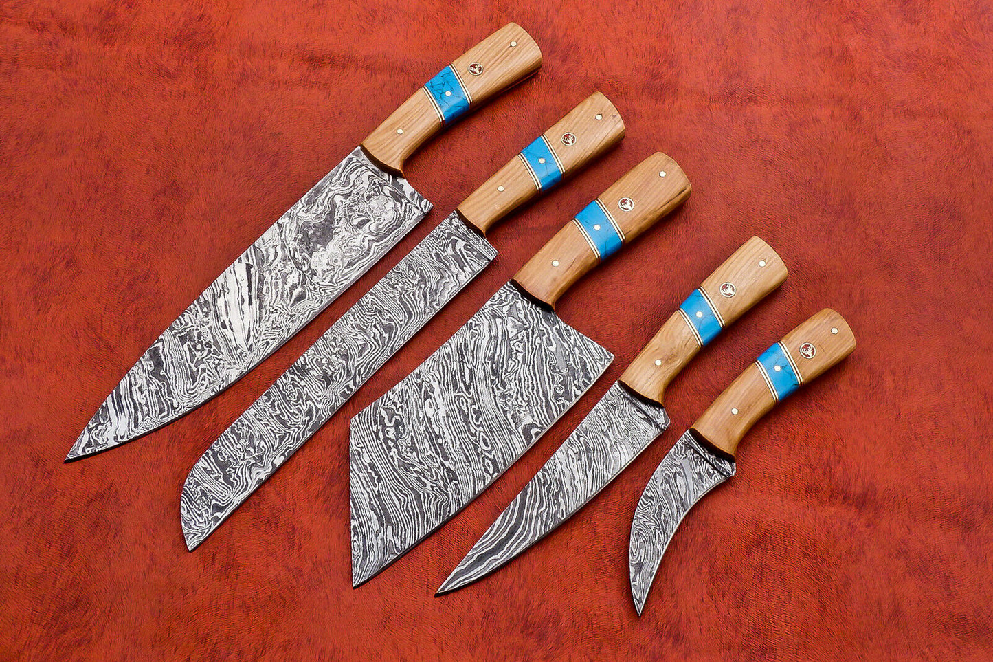 Hs-138 Custom Handmade Damascus Steel 5 Pc's Chef Set with Turquoise and Wood Handle