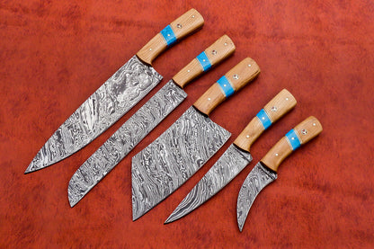 Hs-138 Custom Handmade Damascus Steel 5 Pc's Chef Set with Turquoise and Wood Handle