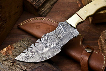 HS-924 Custom Handmade Damascus Steel Camping Tracker Knife - Beautiful Camel Bone Handle