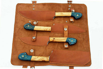 Premium leather kitchen knife set with Damascus steel chef knives in protective leather kit case