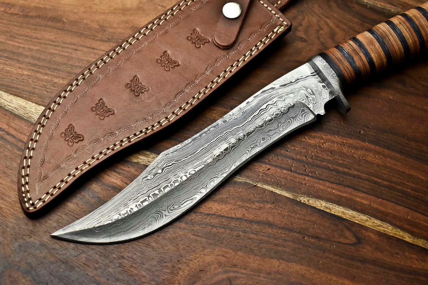 HS-316 Custom Hand Made Damascus Steel Blade Bowie Hunting Knife | LEATHER