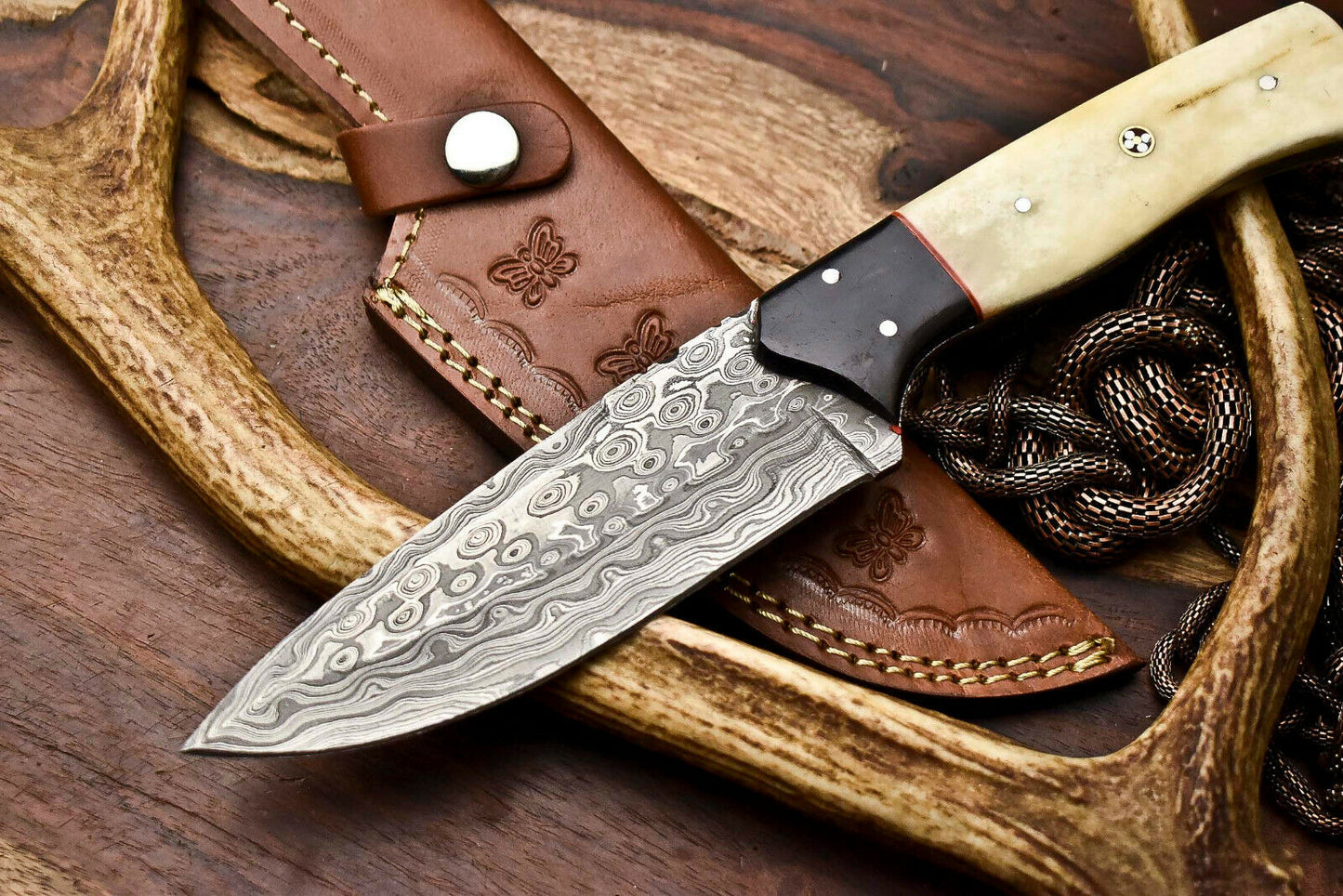 HS-405 | Custom Handmade Awesome Camel Bone/Buffalo Horn Handle Damascus Steel Hunting Knife - Great Price