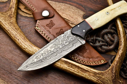 HS-405 | Custom Handmade Awesome Camel Bone/Buffalo Horn Handle Damascus Steel Hunting Knife - Great Price