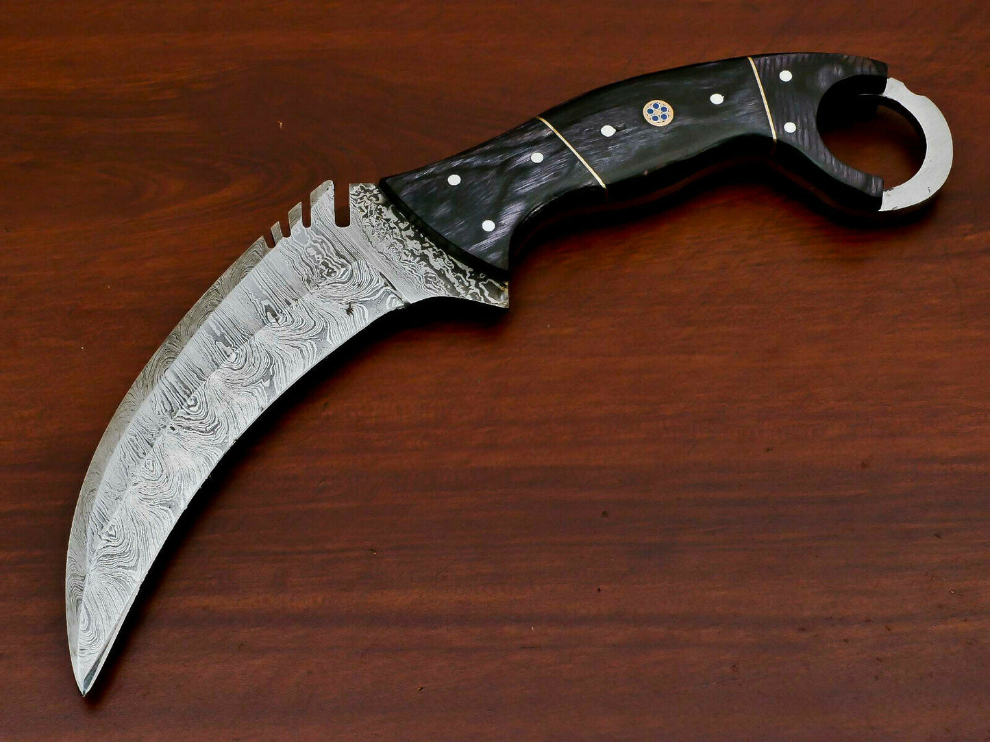 HS-889 HANDMADE DAMASCUS CUSTOM PAKKA WOOD KARAMBIT HUNTING KNIFE