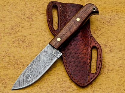 HS-585 CUSTOM DAMASCUS STEEL HUNTING/BOWIE/DAGGER KNIFE HANDLE ROSE WOOD WITH SHEATH