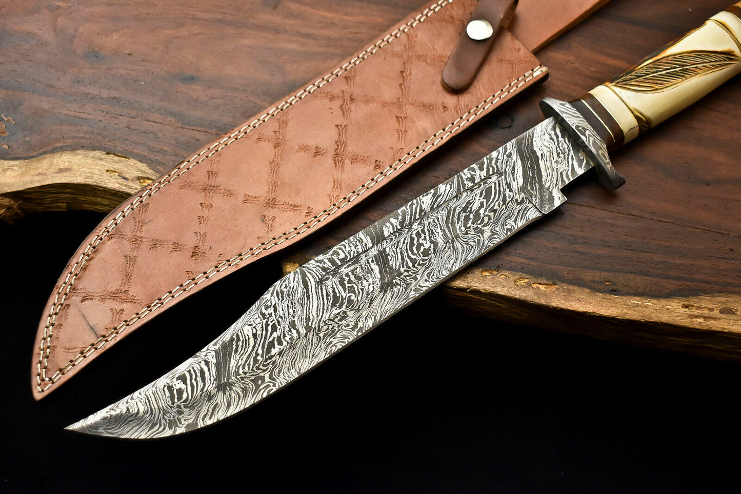 HS-334 | Custom Handmade Damascus Steel Hunitng/Bowie Knife - Engraved Camel Bone Handle