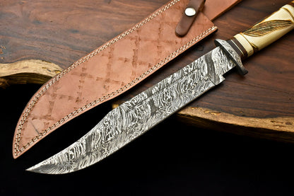 HS-334 | Custom Handmade Damascus Steel Hunitng/Bowie Knife - Engraved Camel Bone Handle