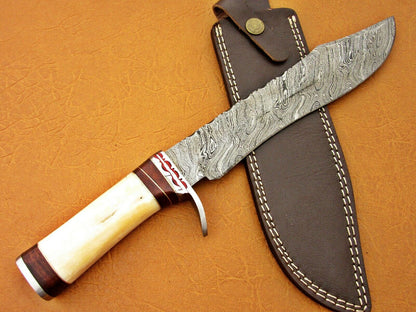 HS-337 | Custom Handmade Damascus Bowie-Hunting Knife With Camel Bone Handle