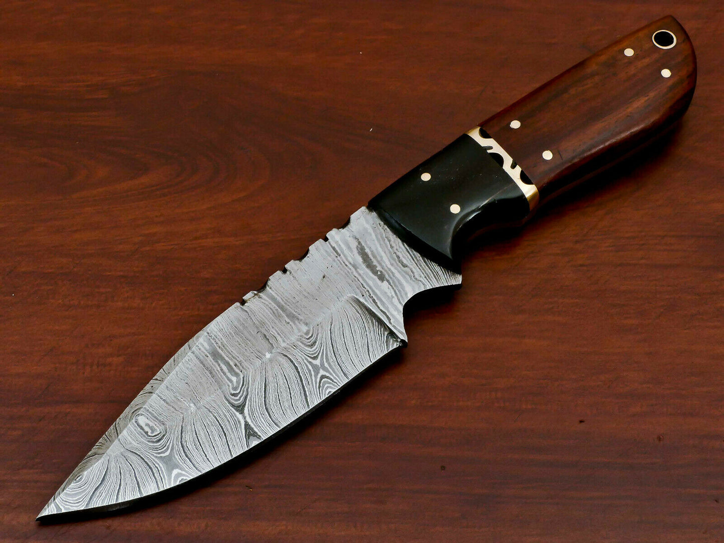 HS-570 HANDMADE DAMASCUS CUSTOM ROSE WOOD/HORN HANDLE SKINNING CAMPING KNIFE