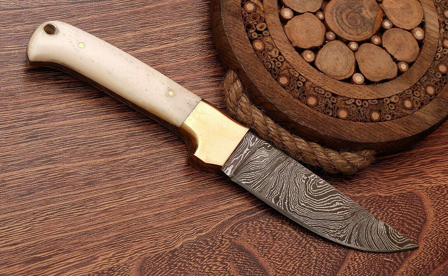 HS-760 Custom Handmade Damascus Skinner Knife + Brass Bolster And Camel Bone Handle
