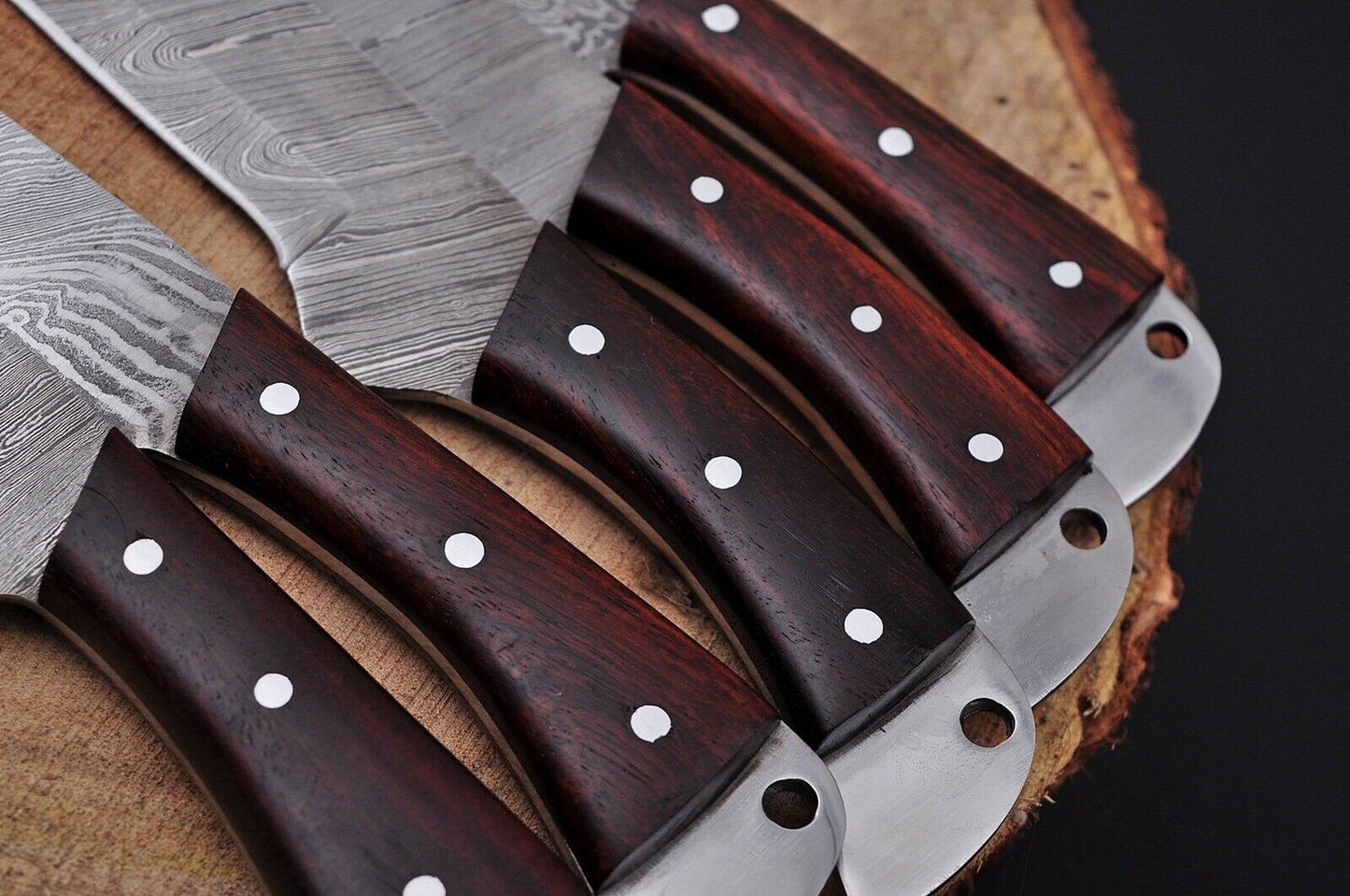 HS-197 Custom Handmade Damascus Chef-Kitchen Knives Five Pieces Set With Wood Handle