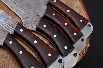 HS-197 Custom Handmade Damascus Chef-Kitchen Knives Five Pieces Set With Wood Handle
